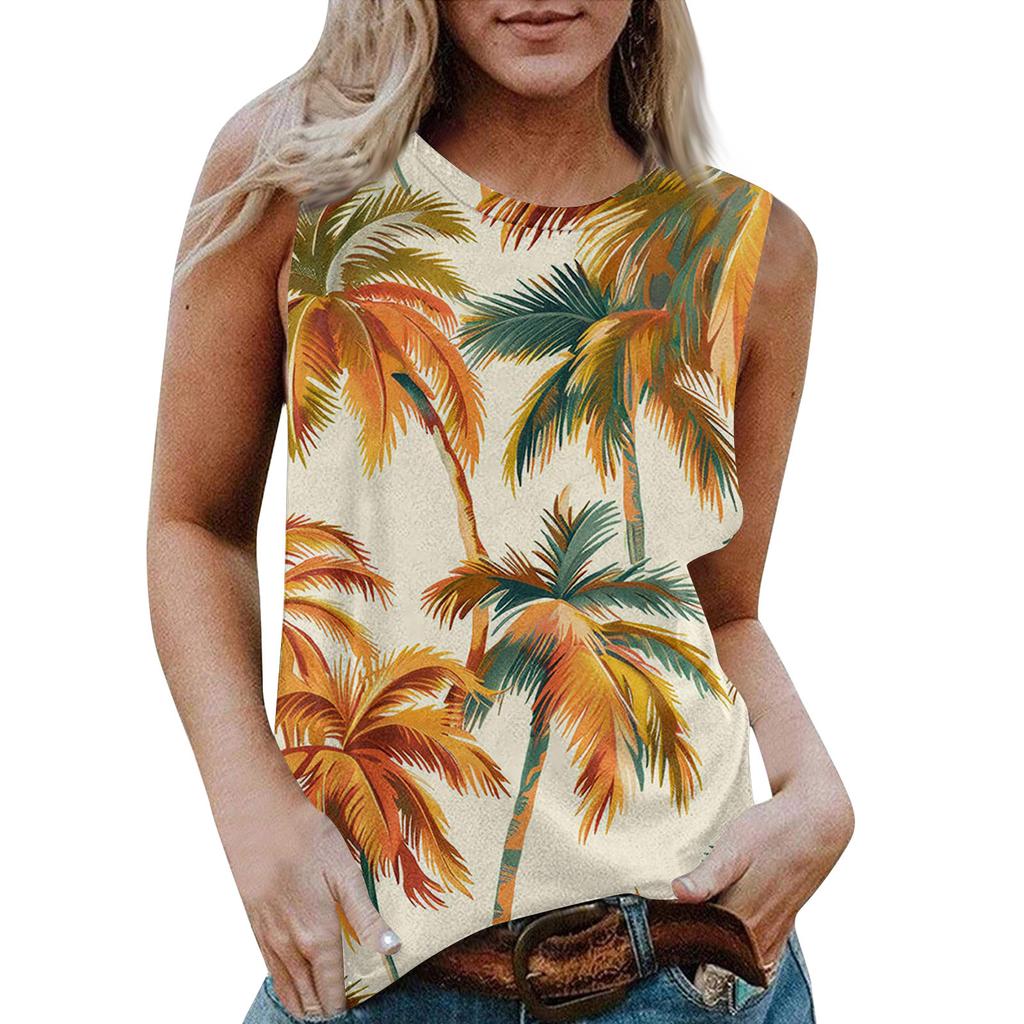 Damen Rundhals Lässig Ärmellos X Hawaiianisch Bedrucktes Westen-T-Shirt Top