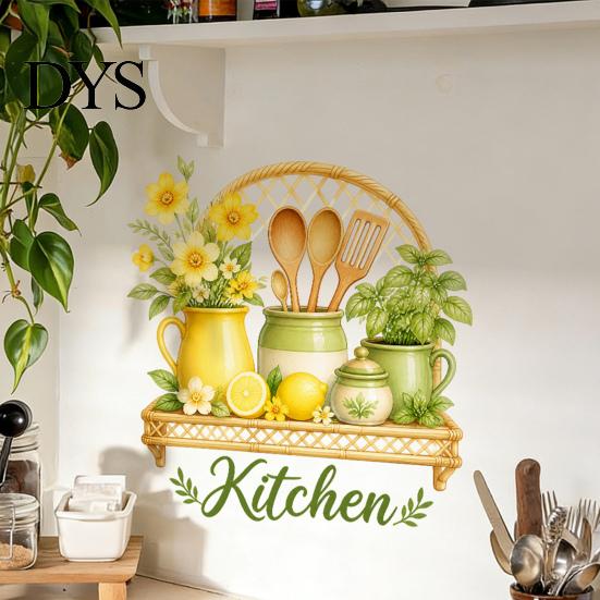 Nordic Style Wall Decor Watercolor Kitchen Stickers, Lemon Green Plant Teapot Self?Adhesive Decals, Peel Stick Mural Waterproof Stove Stickers