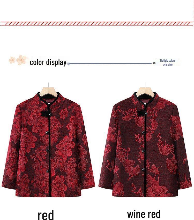 Schlankmachendes Woll-Oberteil im chinesischen Stil für ältere Menschen mit Jacquard-Blumen und Stehkragen