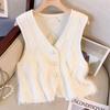 Women's Knitted Cardigan Vest V-neck Faux Mink Fur Patchwork Three-Dimensional Crochet Flower Tassel Waistcoat