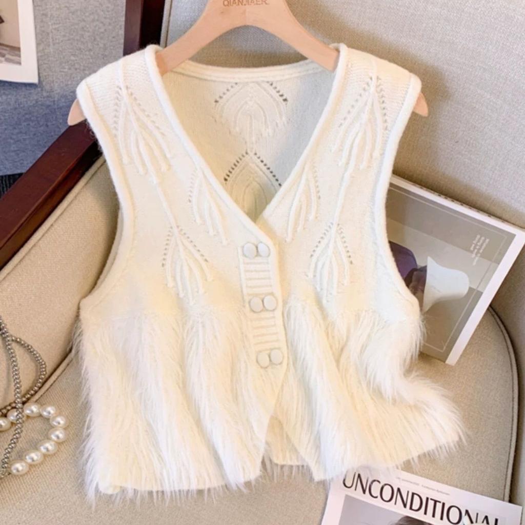 Women's Knitted Cardigan Vest V-neck Faux Mink Fur Patchwork Three-Dimensional Crochet Flower Tassel Waistcoat