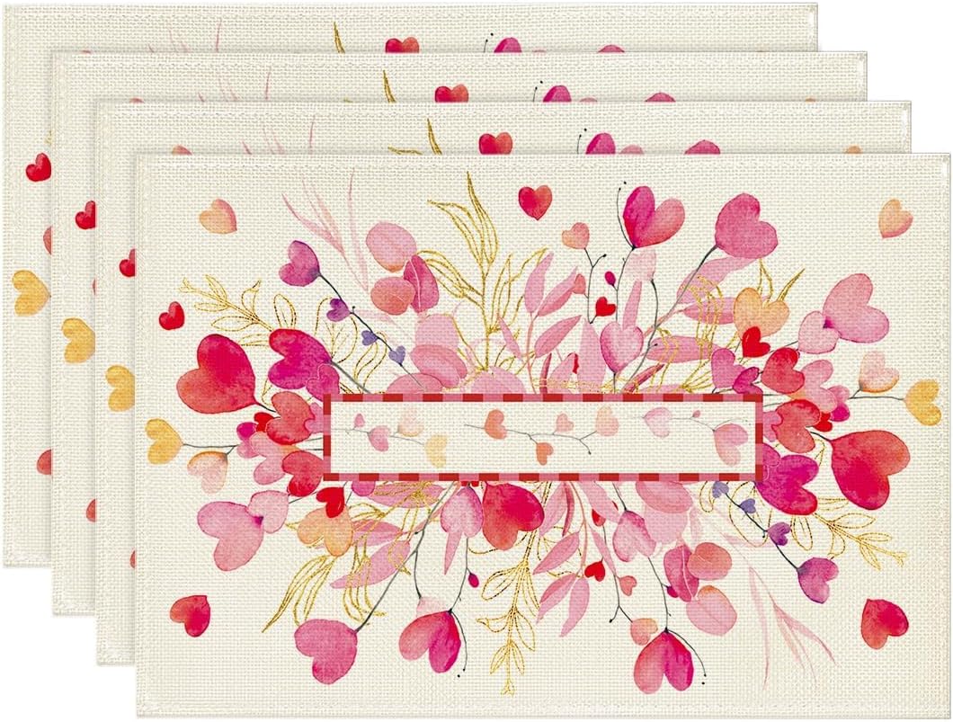 

Red Pink Heart Branch Valentine Placemats Set of 4, 12x18 Inch Leaf Table Mats for Home Party Kitchen Dining Decor 4Pcs
