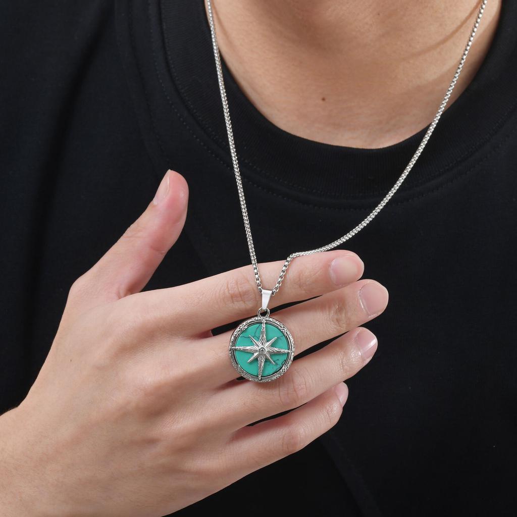 Stylish Natural Stone Necklace for Men,Eight-pointed Star Round Pendant Necklace,Cool Punk Birthday Father Gifts