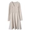 Autumn Winter V-neck Long-Sleeve Knit Dress for Women Elegant Solid Double Pockets Vertical Stripes A-Line Short Sweater Dress