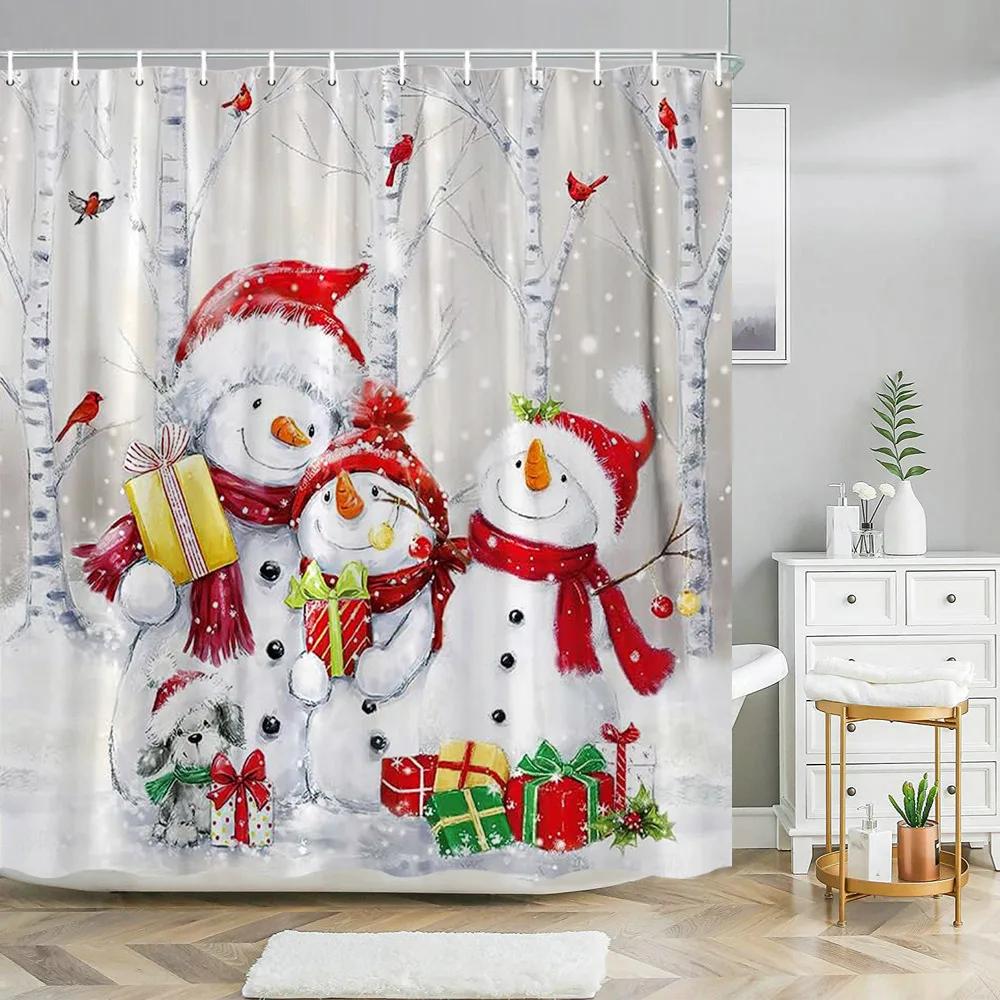 Red Christmas Shower Curtain Xmas Tree Print Bath Home Decor Winter Holiday New Year Bathroom Curtains Hooks Made Of Polyester Washable Washroom Ready