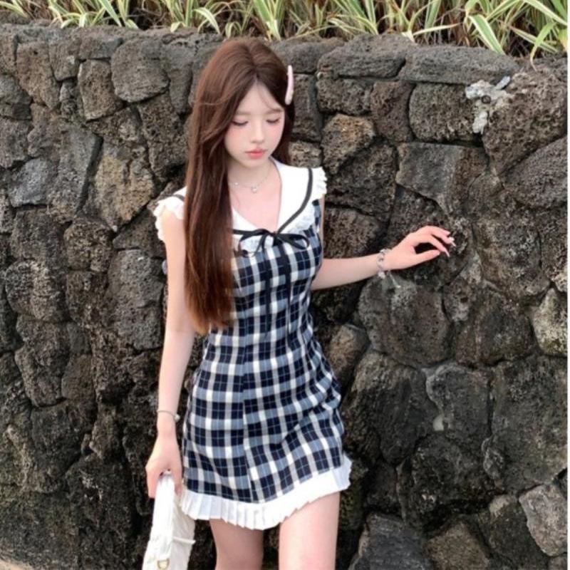 Sweet wind navy collar sleeveless lace dress women's summer new plaid age-reducing waist slim A-word skirt