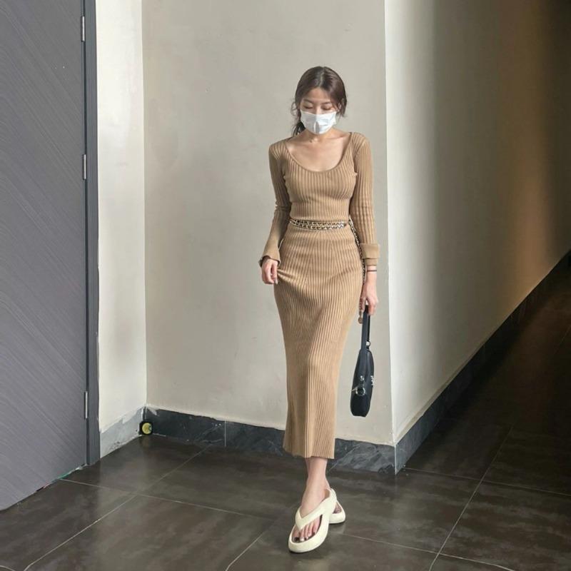 

Early autumn women s new pendant temperament long dress high-end exquisite figure minimalist knitted dress XL хаки