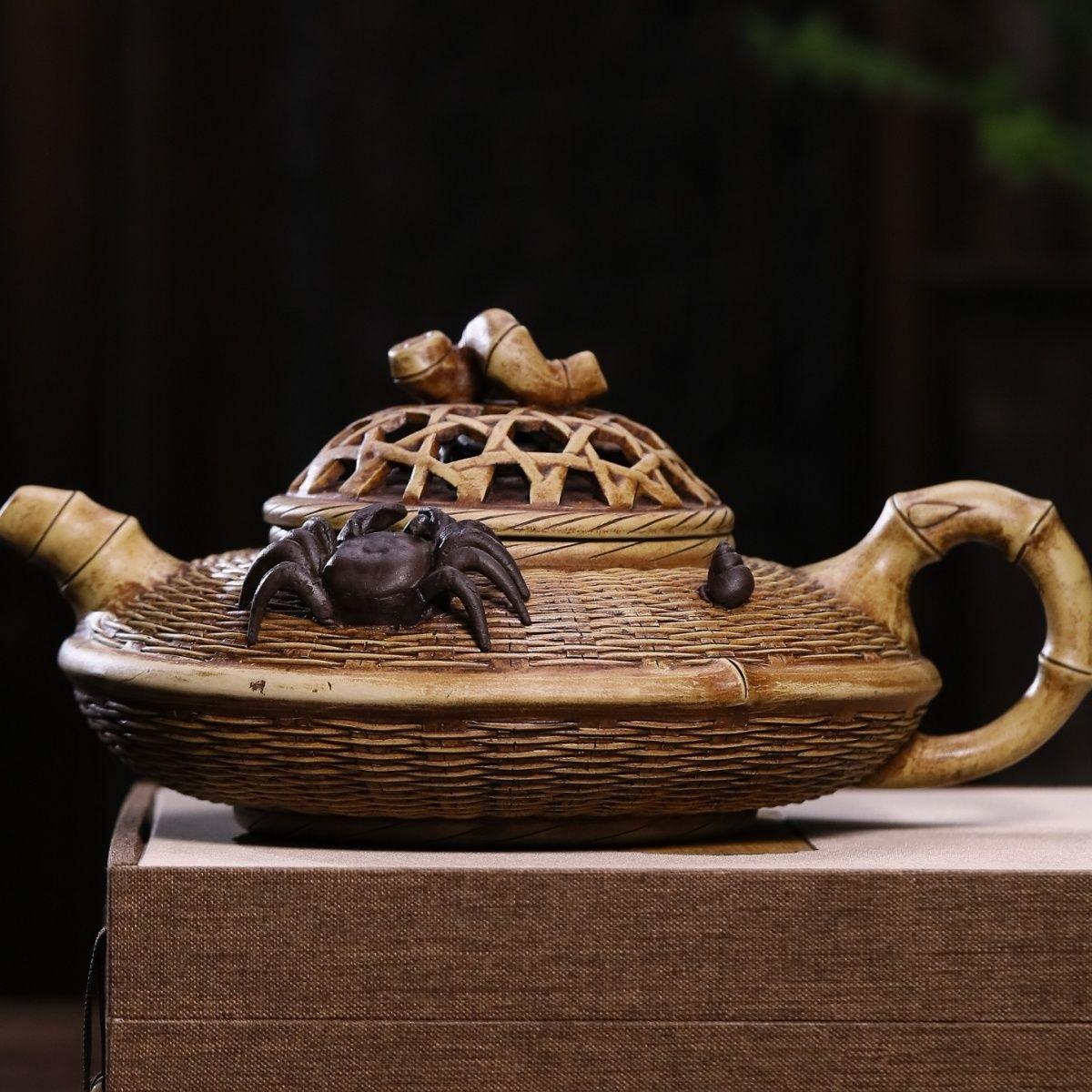 

Yixing Purple Clay Pot Pure Handmade High Capacity Bamboo Weaving Hollow Crab Antique Pot Kung Fu Tea Set
