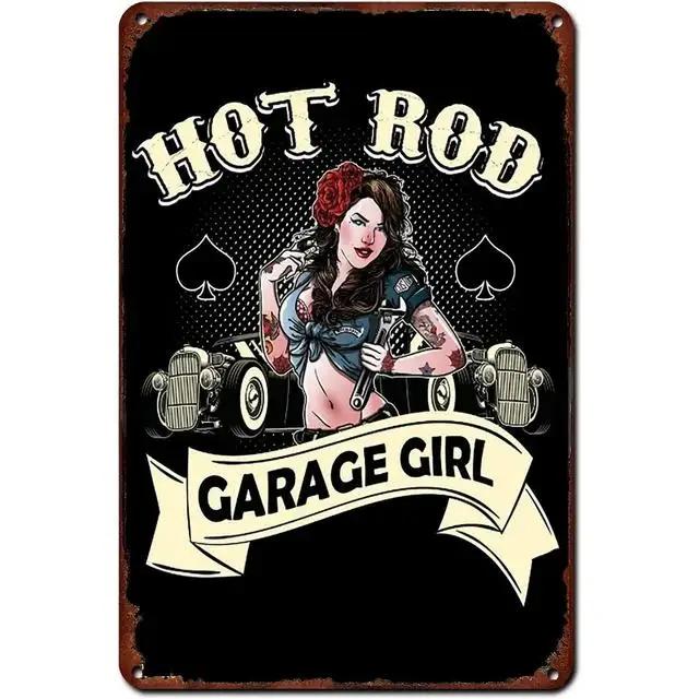 Vintage Pinup Girl Hot Street Rods Garage Full Service Route  Auto Mechanics Metal Tin Sign for Rural Wall Decor  Retro Poster P