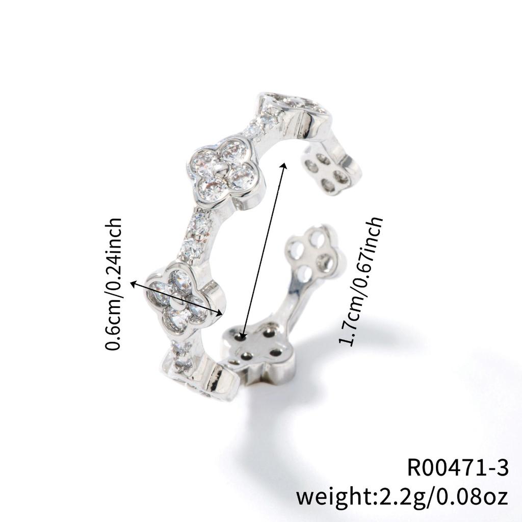New Light Luxury Temperament Small Flowers Open Ring Atmosphere Sense Of Colour Zirconia Four-Leaf Flower Ring Four-Leaf Clover Ring