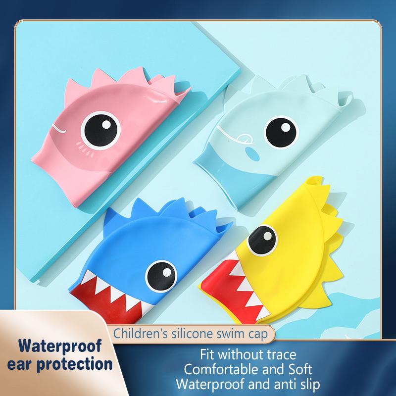 Niedliche Cartoon Fisch Dino Silikon Badekappe für Kinder Ohrenschutz Badehut für Jungen Mädchen Kinder Schwimmbadzubehör