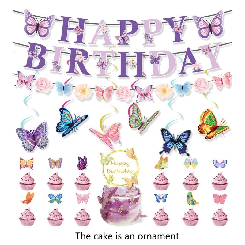 Butterfly Cake Toppers Set Party Supplies Hanging Swirls Colorful Banners Paper Texture for Creative Butterfly Dessert