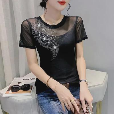 European Women's 2023 Diamond Embellished Mesh Round Neck Slim Fit T-Shirt
