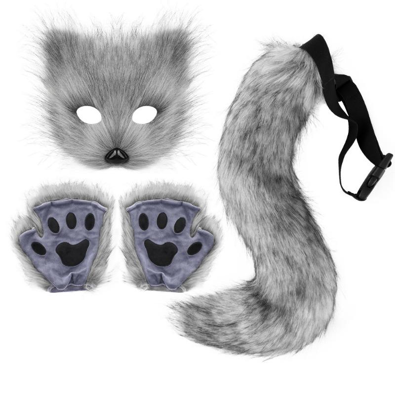 Halloween Set, Simulated Fox Mask Gloves, Plush Fox Tail, Handmade Beast Tail Cos Prop Accessories.