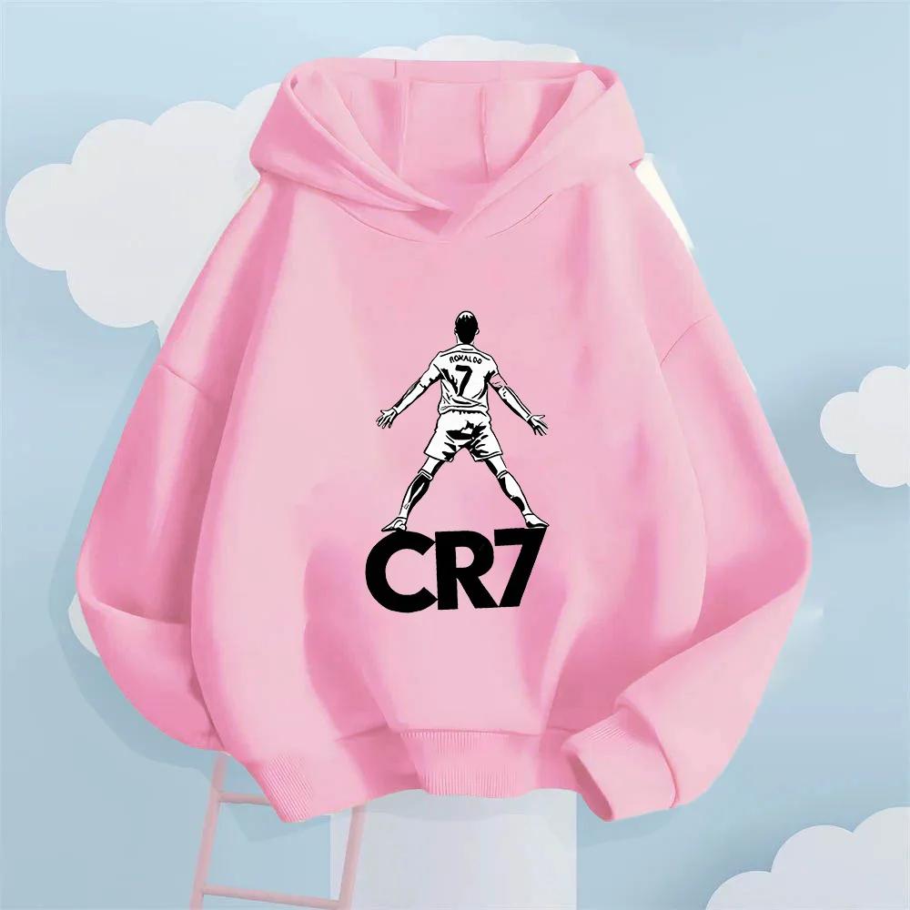 Kids CR7 Ronaldo HoodieChildren White Drawstring Hooded Sweatshirt Football Star Graphic Print Casual Pullover Top Sports Outfit
