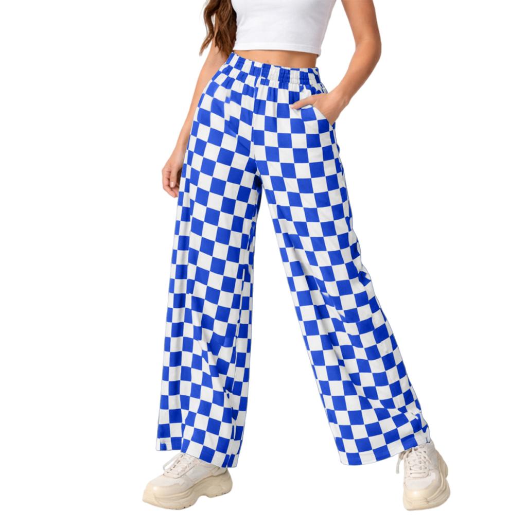 Women's Casual Wide Leg Checkered Pants, High-Waist Elastic Waist, Loose Comfy Trousers With Side Pockets