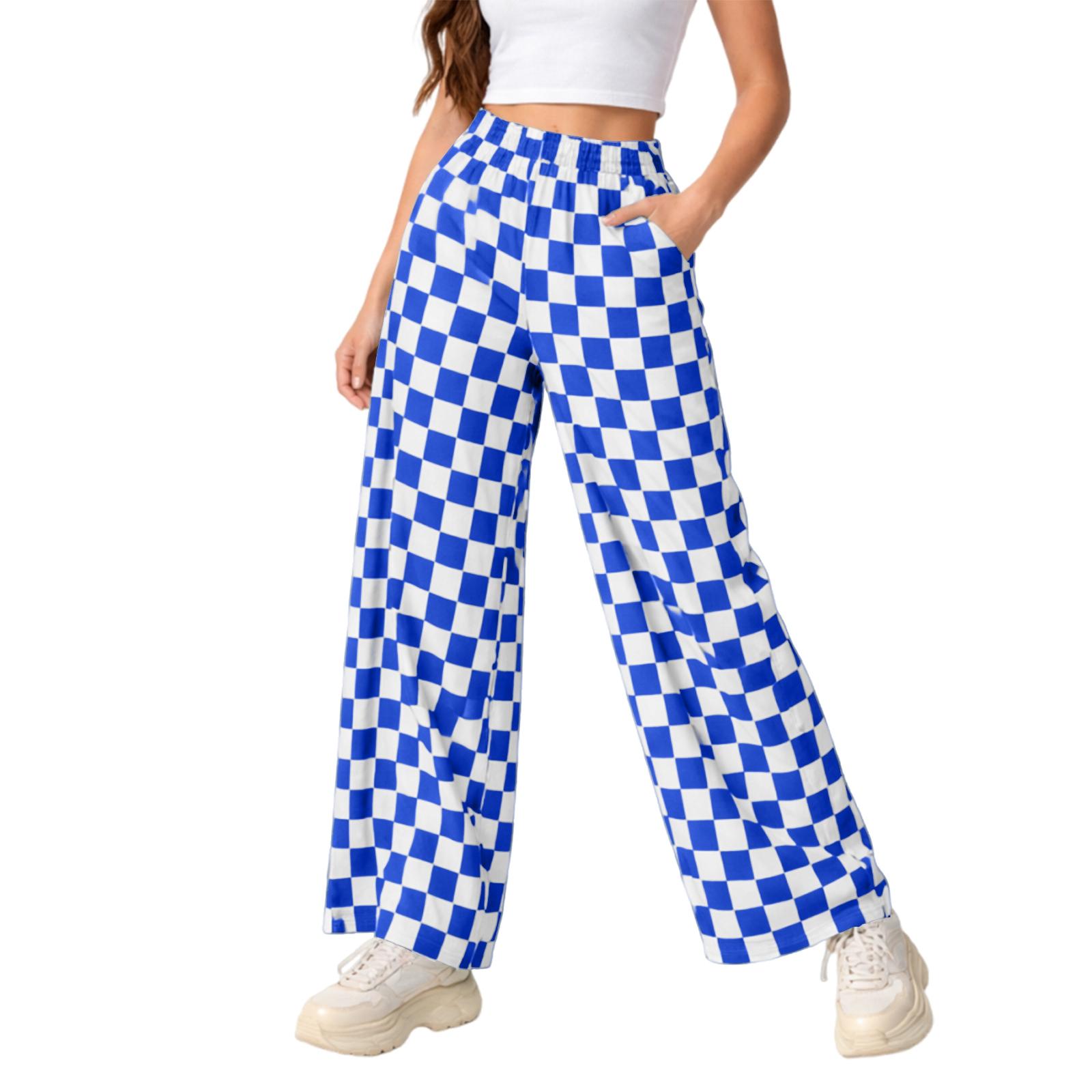 

Women s Casual Wide Leg Checkered Pants, High-Waist Elastic Waist, Loose Comfy Trousers With Side Pockets M синий