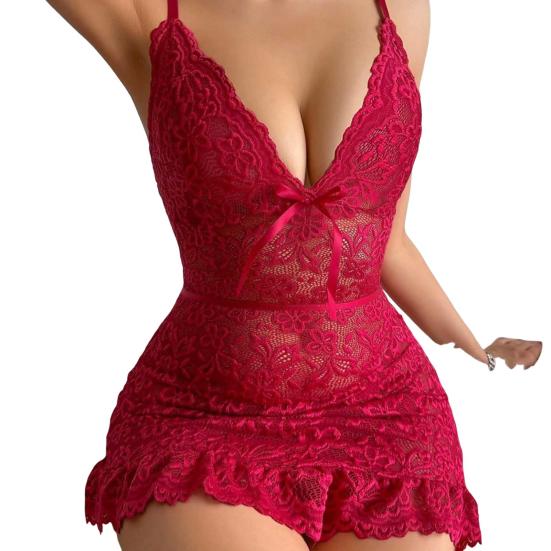 Women Nightdress V Neck Hollow Out Floral Embroidery Backless Sleeveless Slim Fit Nightwear Ruffle