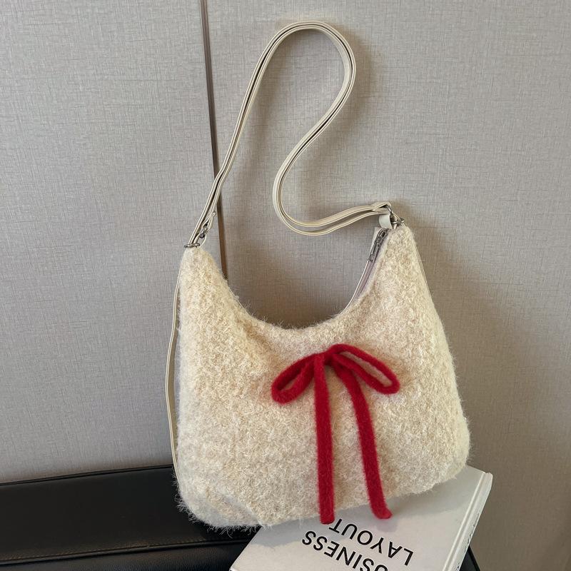 Red plush commuter tote bag women's large-capacity new bow shoulder bag backpack