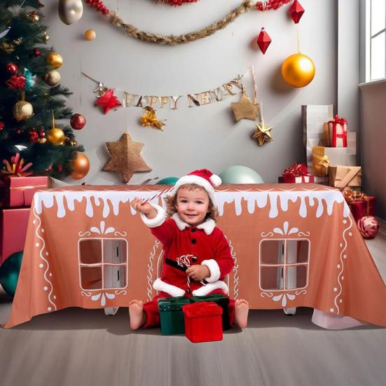 Yousheng Gingerbread House Christmas Tablecloth Reusable Rectangle Table Cover with Playful Cut-Out Windows Holiday Playhouse Table Tent for Kitchen