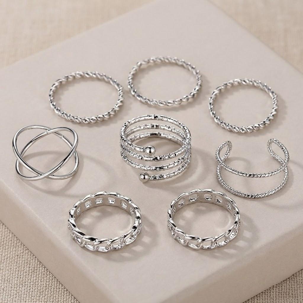 

8PCS Retro Multi-layer Cross-opening Twist Joint Stackable Rings Set Jewelry Gifts for Women Fashion Finger Accessories