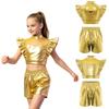 Sleeveless Ruffle Metallic Crop Top and Tear-away Side Snap Shorts Set Rhinestone Adorned Mesh Patchwork for Kids Jazz Hip Hop Dance