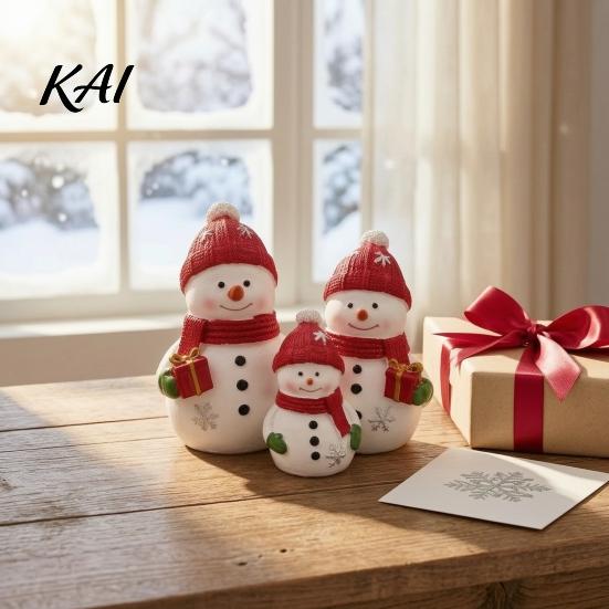 Winter Wonderland Decorations Christmas Resin Snowman Figurine, Cute Family of 3 Statue with Santa Party Supplies Hat, Red Scarf, Holiday Tabletop