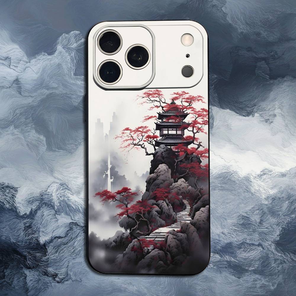 Art Japanese Style For iPhone 12,16,11,14,15,17,13,X,Mini,SE,Max,8,7,XR,XS,Plus,Pro,Soft Silicone Black Case