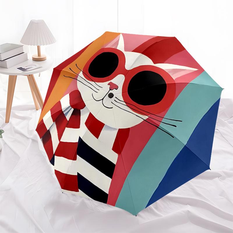 1pc Cat Glasses Striped Scarf Automatic Open/close Umbrella, 8-Rib sturdy structure, Portable Travel Umbrella, Parties, Everyday Useb065