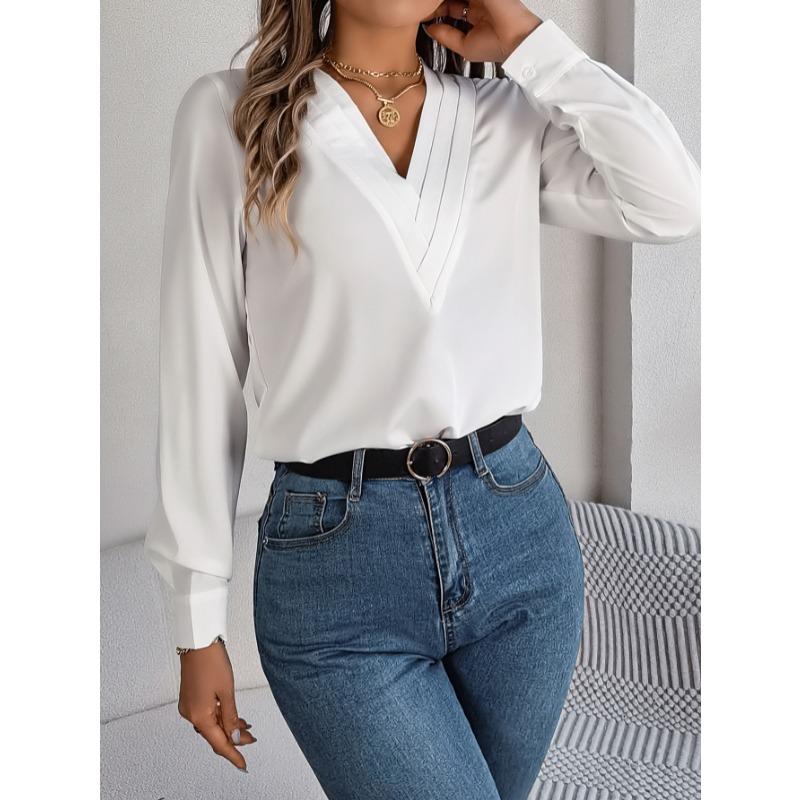 Elegant Fashion Layered V-neck Long Sleeved Women Shirt Solid Color Loose Casual Simple Office Blouse Ladies Basic Spring Autumn Tops Women's Clothing