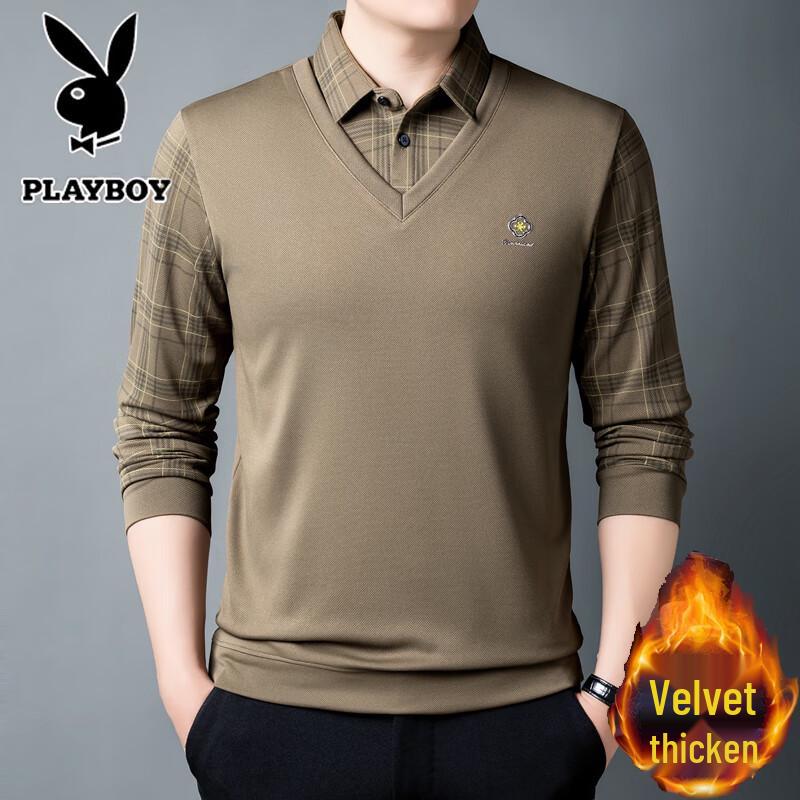 PLAYBOY Men's Fleece Lined Faux Two-Piece Long Sleeve T-Shirt