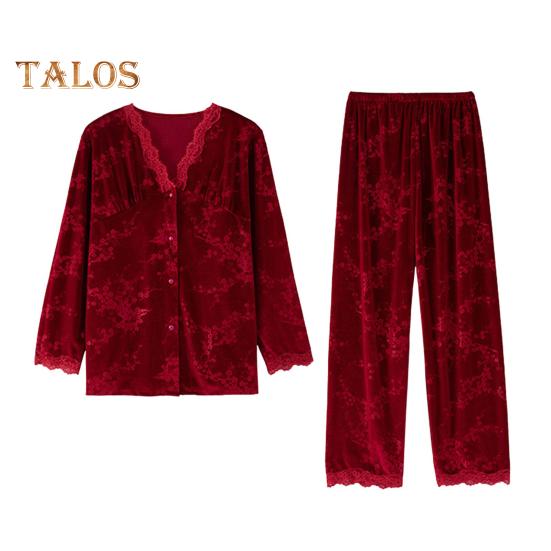 

2 шт./комплект осень-зима женская пижама костюм кружевная отделка V-образный вырез принт длинный рукав коралловый флисовый топ свободные эластичные брюки пижамы повседневная домашняя одежда L вино красного