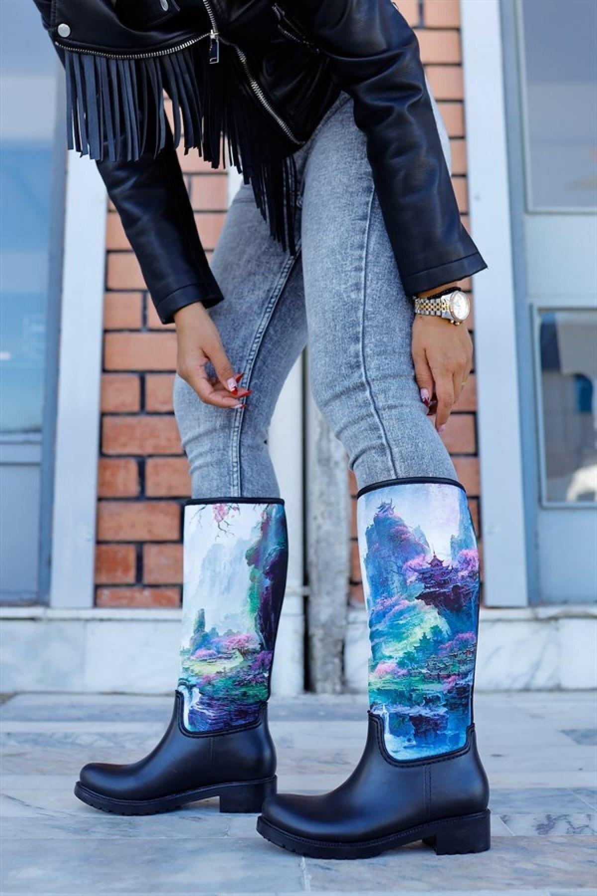 

Женские модные водонепроницаемые резиновые сапоги с небесным принтом