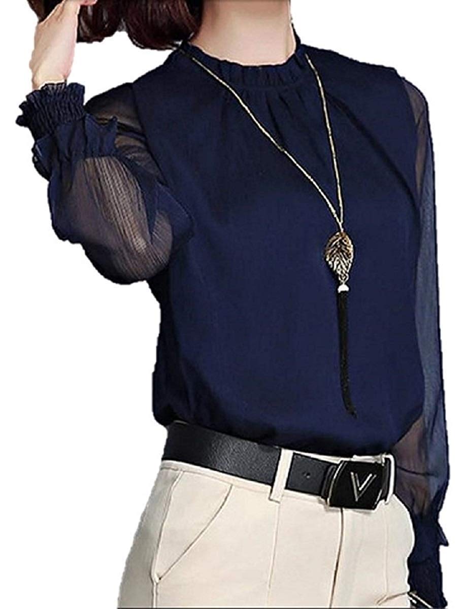 

UruClaire Chiffon Sleeve Plus Length Solid Black Women s See-Through Blouse, Half-Long Top, Lace, White, Black, Beige, Denim, Office, Formal, Date,