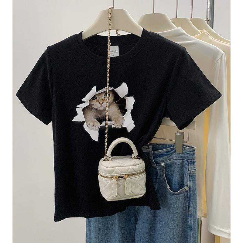 

Женская облегающая футболка с круглым вырезом и принтом кошки на 2024 год - Универсальный летний топ Medium