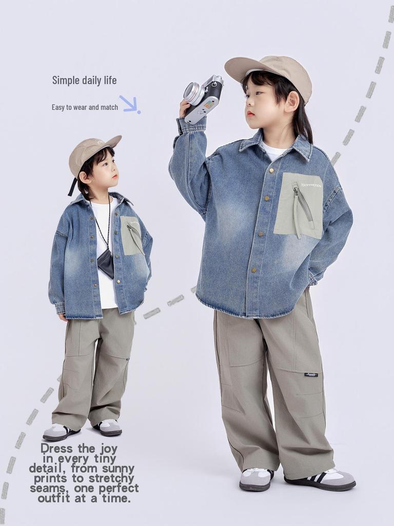 Trendig denimkofta för pojkar: Långärmad, Nedvikt krage, Höst 2025 Mode för barn