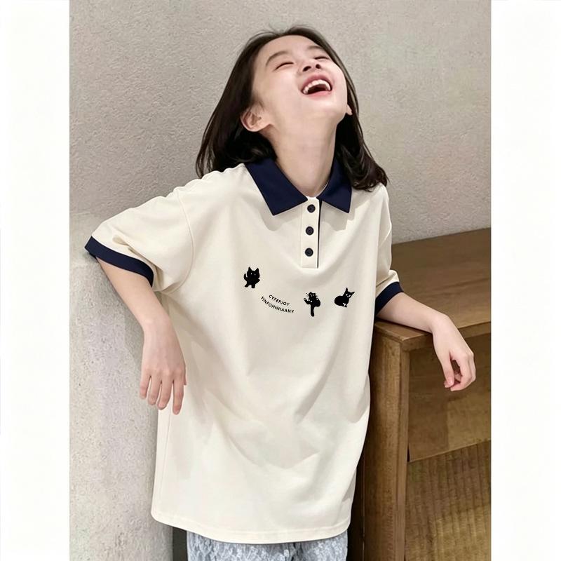 Girls' Summer Pure Cotton Polo Shirt - Sweet Lapel Short Sleeve Top for Medium and Large Children