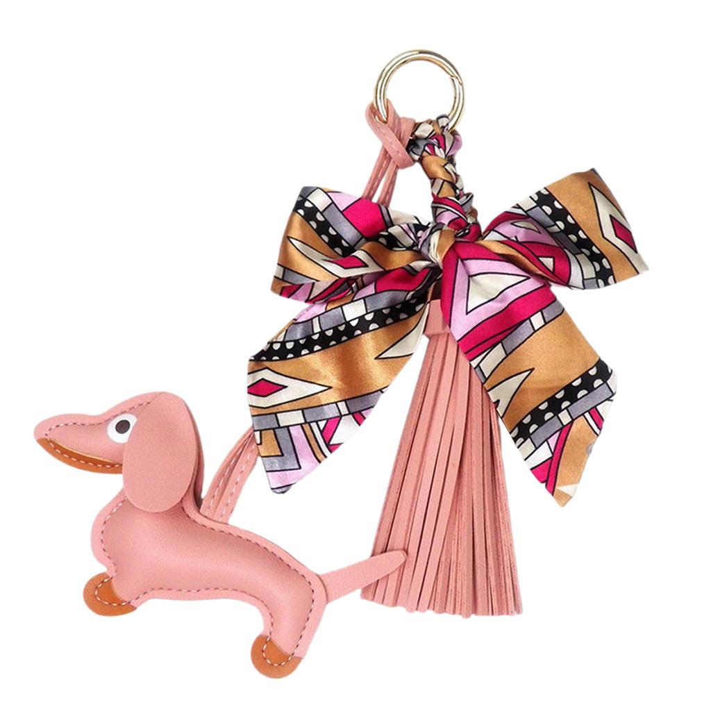 Stylish Dachshund Pendant with Soft Leather Tassels Bowknot Key Holder Fashion Charm Perfect for Bags or Car Decoration