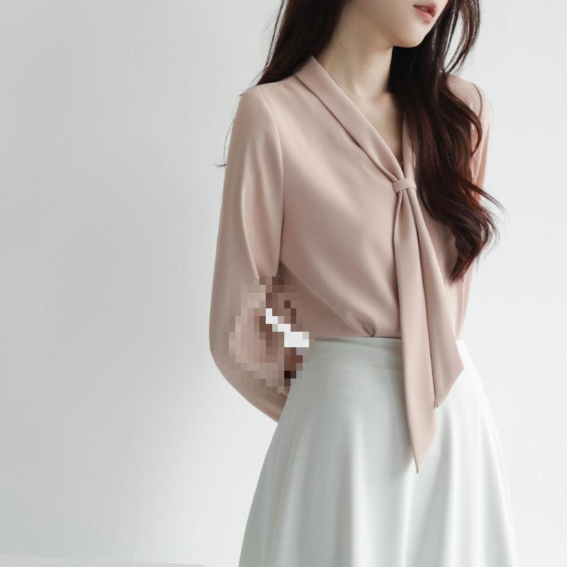 

R6Q Women s Elegant Chiffon V-Neck Ribbon Shirt - French Spring Autumn Design, Professional & Iron-Free M