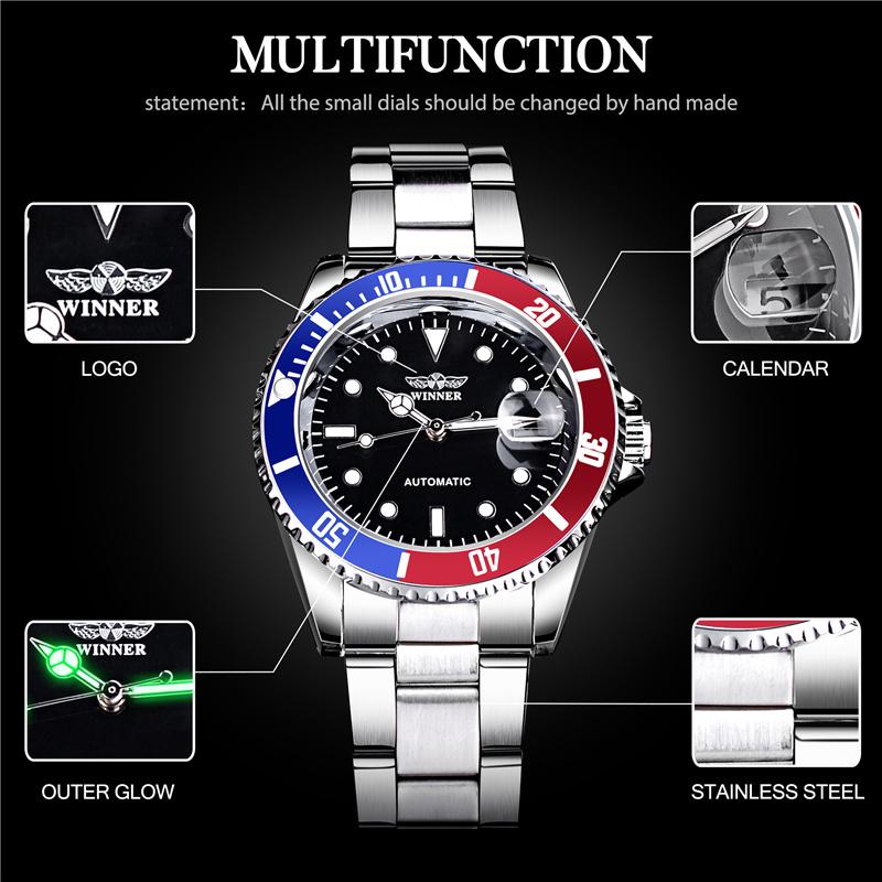 Winner Men's Automatic Mechanical Watch Waterproof Full Stainless Steel Strap Calendar Luminous Casual Business Watches For Men