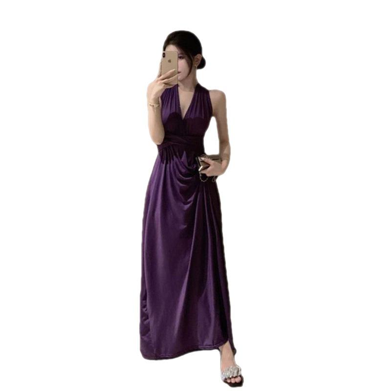 Elegant Purple Backless Halterneck Dress for Birthday Party and Engagement Ceremony