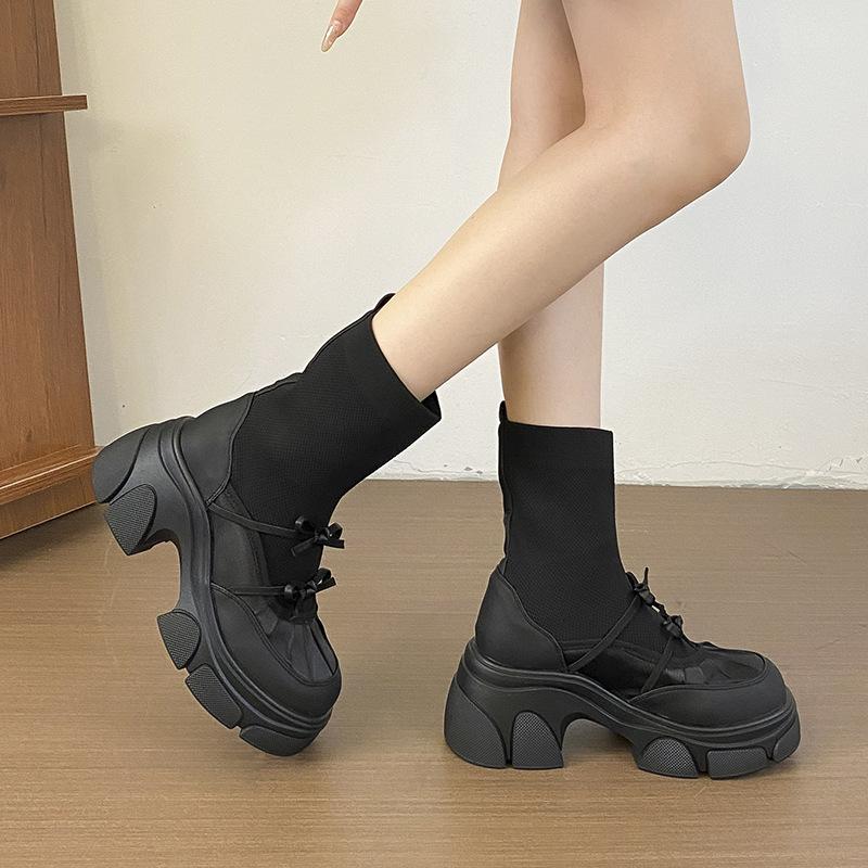 2025 autumn new thick-soled elastic boots women's British style splicing bow muffin bottom thin boots Martin boots