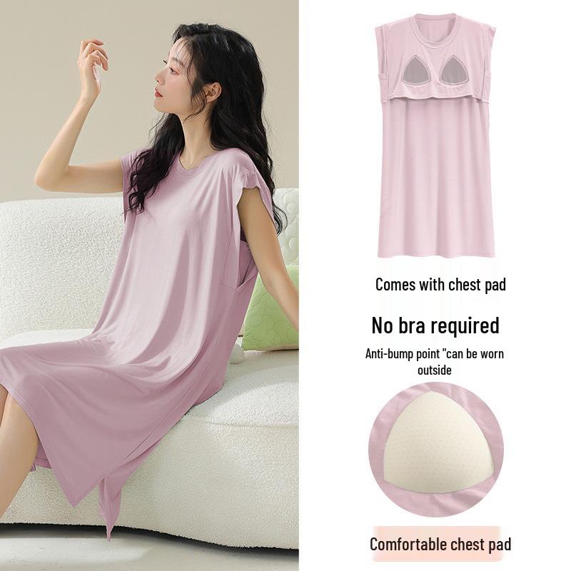 2026 Women's Spring/Summer Blue Nightgown with Built-in Bra, Short Sleeves, Round Neck, Casual Homewear Style