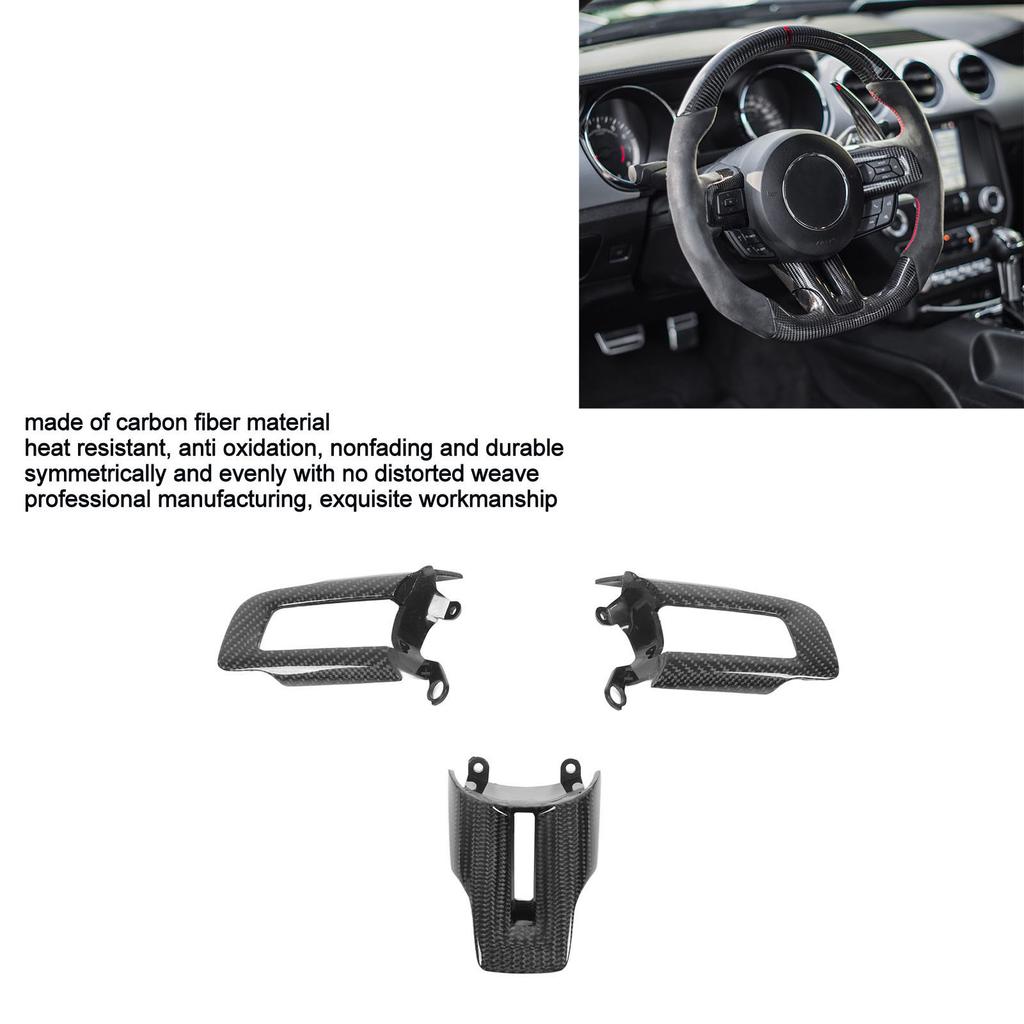 3pcs Gloss Carbon Fiber Car Steering Wheel Control Button Trim Cover Frame Replacement for Ford Mustang 2015-2022