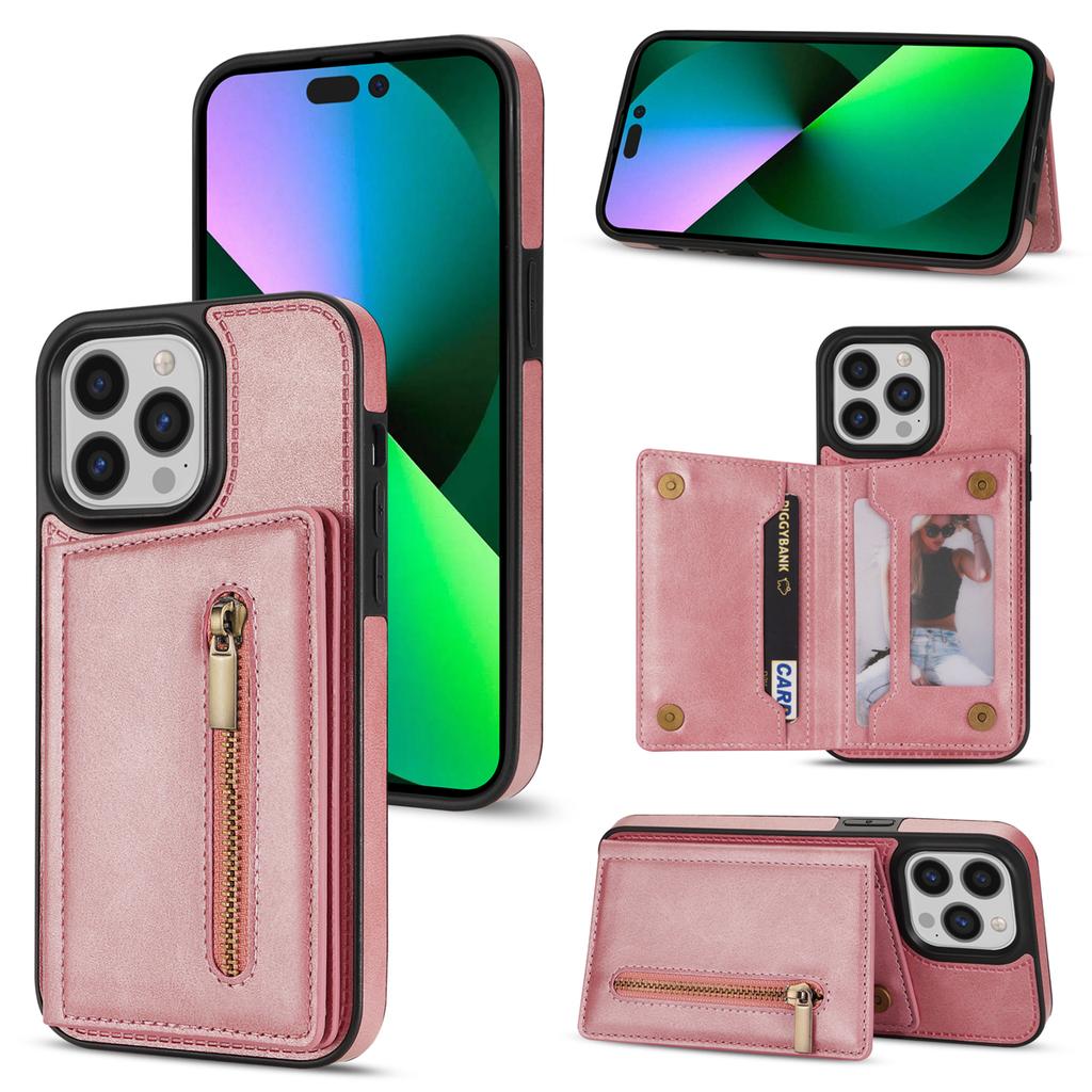 For iPhone 16 Pro Case Zipper Pocket Wallet Kickstand Phone Guard Cover
