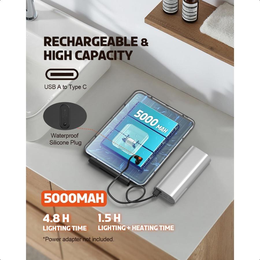 Heated Shower Mirror Fogl for Shaving 3 Color Dimmable Lights Shower Mirror Fogl Rechargeable AntiFog Shaving Mirror with Razor