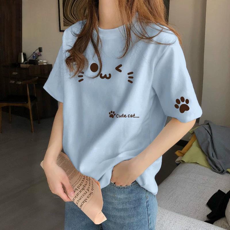 Women's Round Neck Short Sleeve Graphic Top Loose Fit Casual T Shirt 2026 Spring Pure Cotton Mid Length Pullover with Cute Cat Face Paw Print Pattern