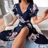 2025 Summer Casual Temperament Women's Short-sleeved Digital Printing V-neck Irregular Skirt Dress