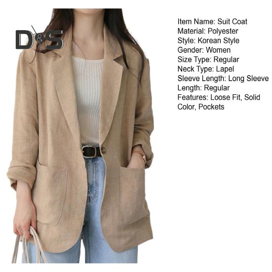 Korean Style Women Lapel Long Sleeve Suit Coat Pockets Design Single Button Solid Color Loose Fit Thin Blazer Workwear