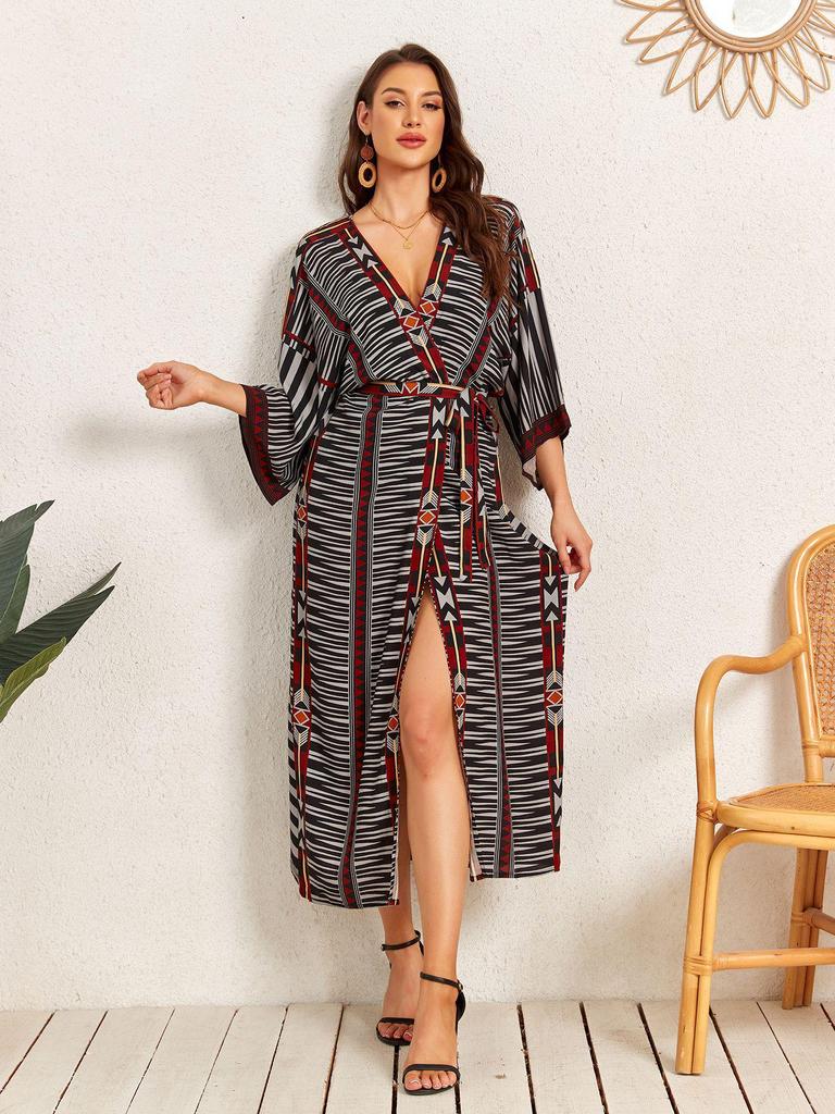 Viskos Geometriskt Tryck Lös Strandkofta Bikiniöverdel Baddräkt Ytterkläder